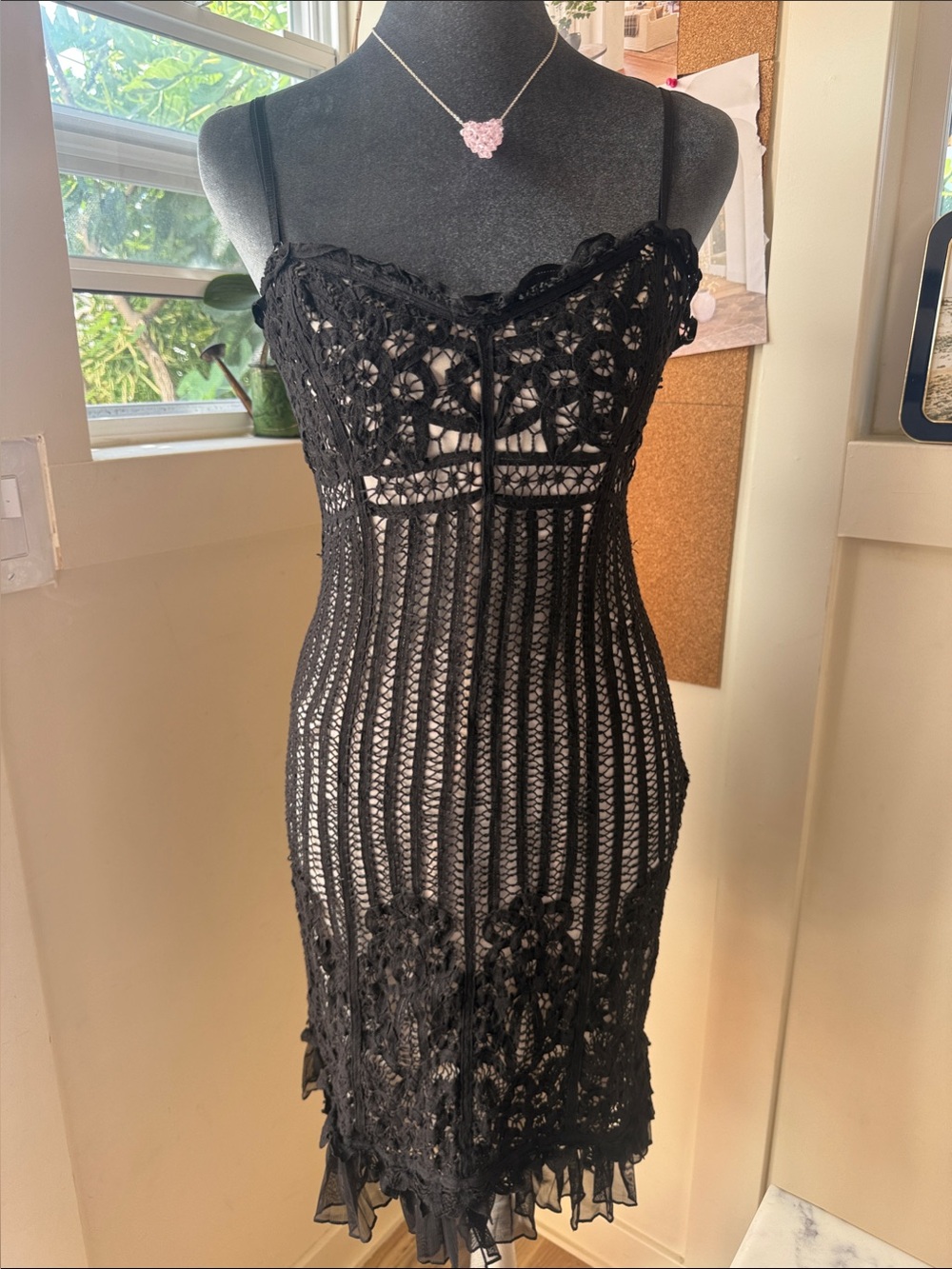 Betsey Johnson Black Crochet Mini Dress with Spaghetti Straps